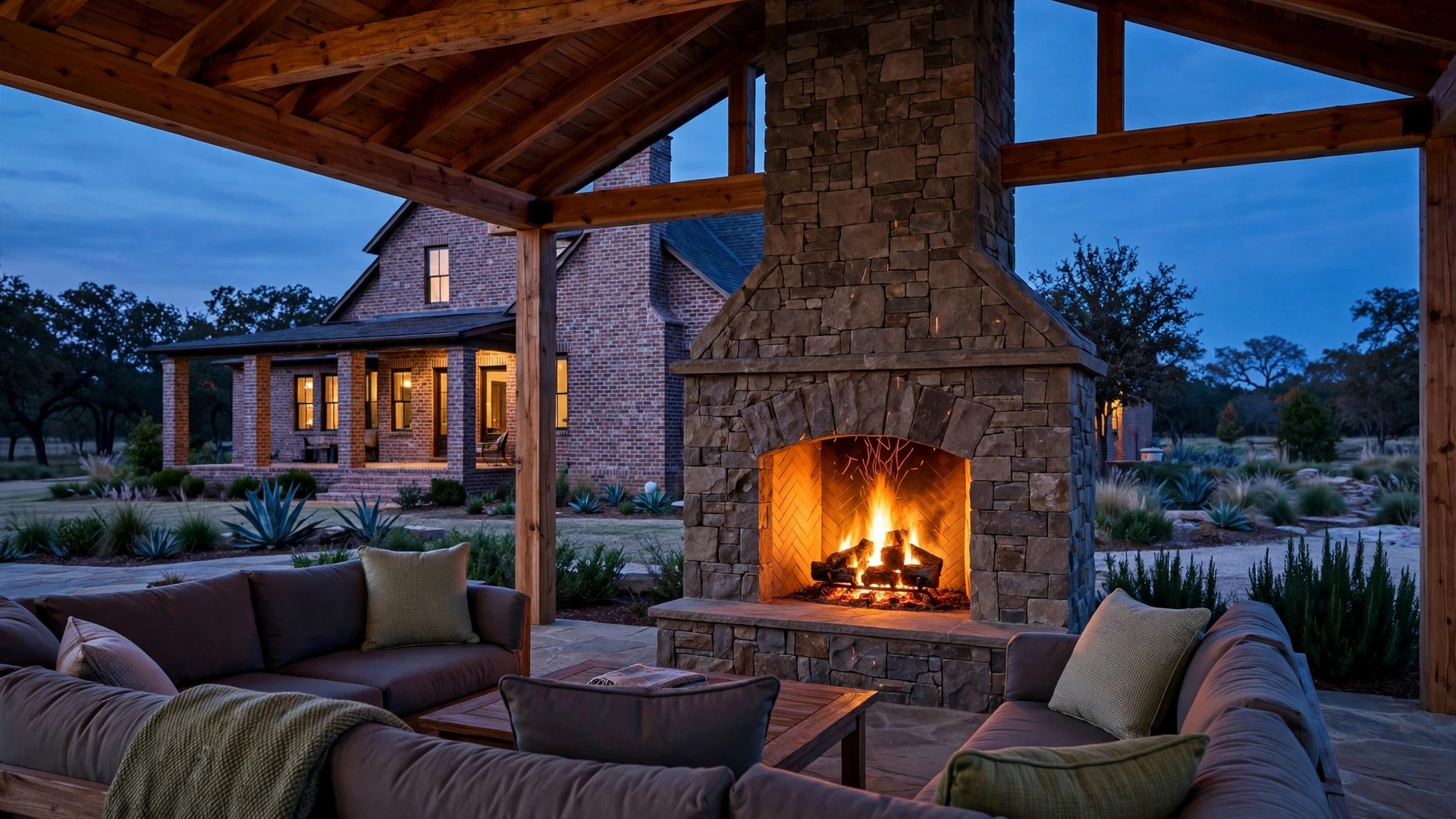 Outdoor fireplaces Corinth TX: grand stone fireplace at the end of a cedar covered patio at twilight