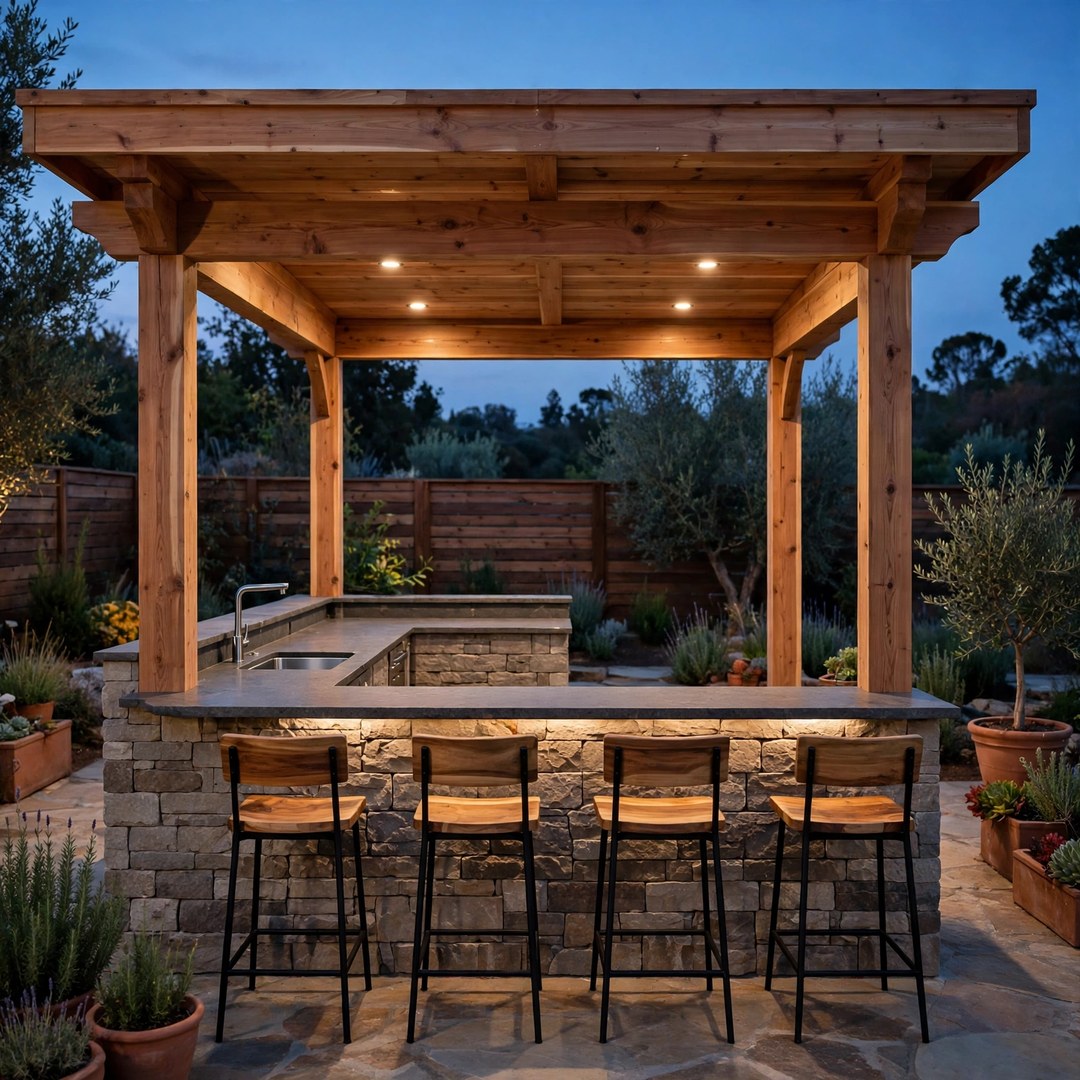 L-shaped outdoor kitchen bar with stools under a cedar cover