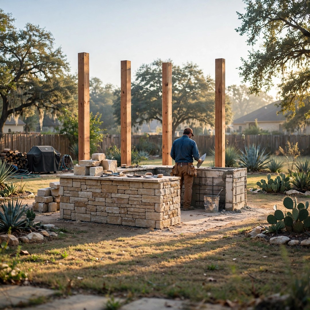 Mason laying stone veneer on an outdoor kitchen island in a Corinth backyard