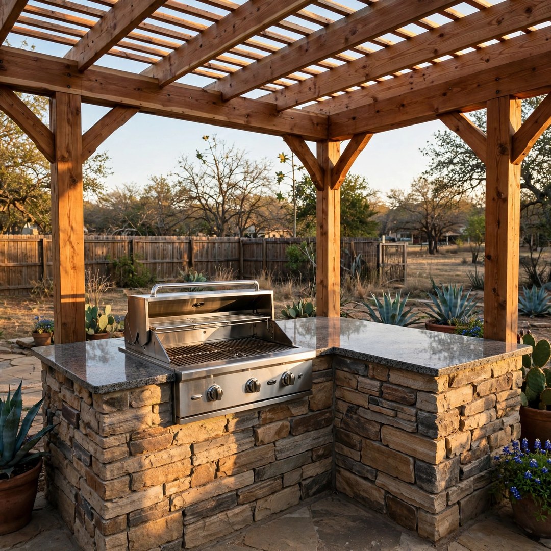 Built-in stainless grill set into a stone outdoor kitchen island with granite counter