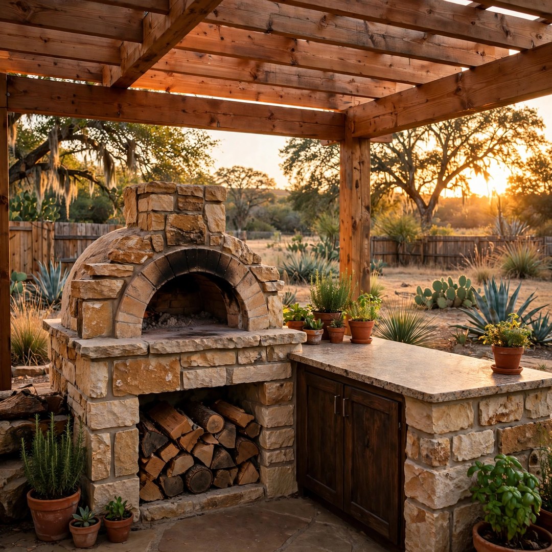 Outdoor kitchen with a stone pizza oven under cedar beams in Corinth, TX