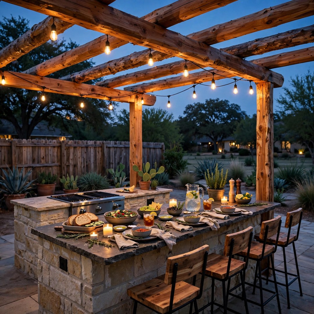 Patio Covers Corinth TX 4 Outdoor kitchen with stone grill island under a cedar patio cover at dusk