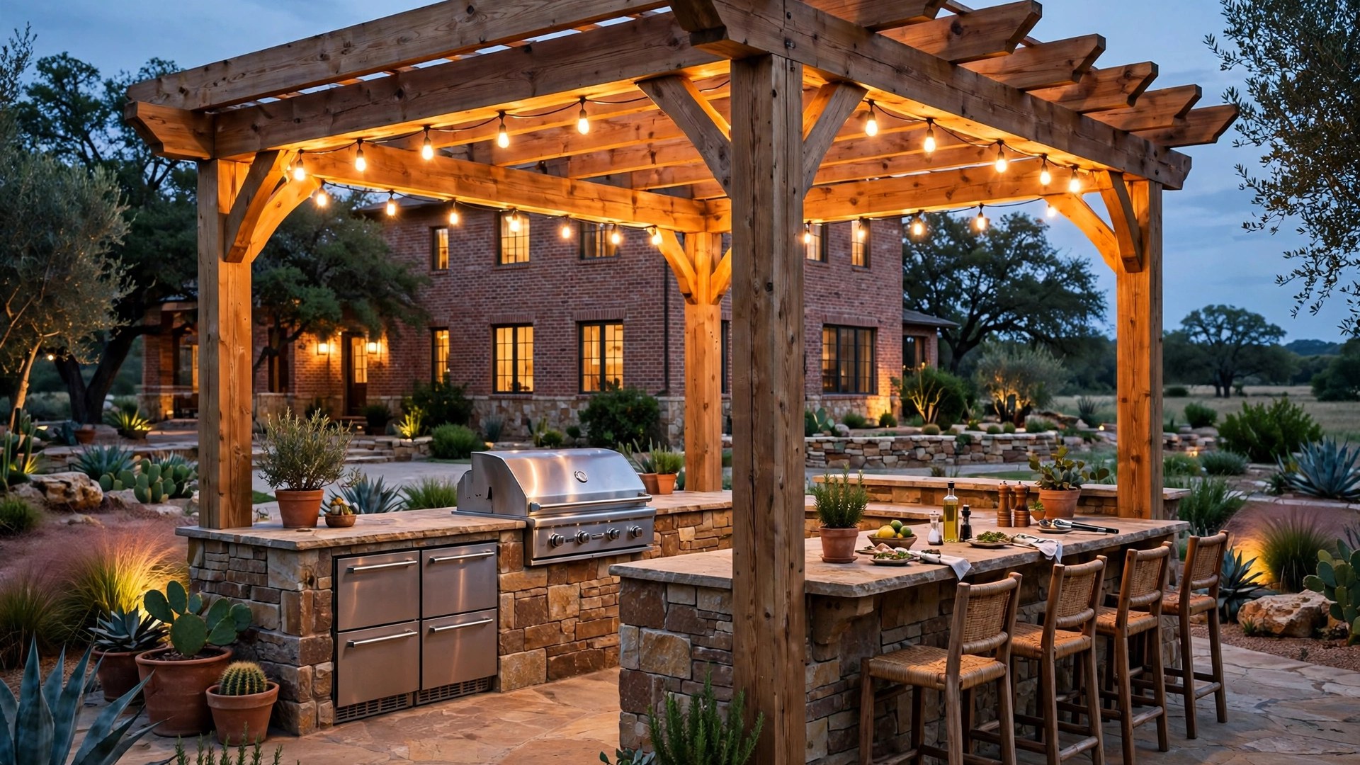 Outdoor kitchens Corinth TX: stone grill island and bar under a cedar patio cover at dusk