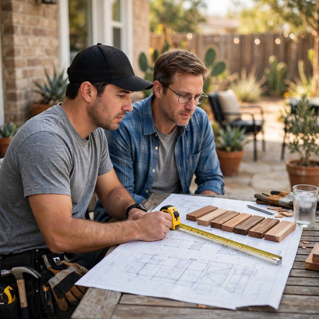 Patio Covers Corinth TX 9 Contractor and homeowner reviewing patio cover plans and cedar samples at a patio table