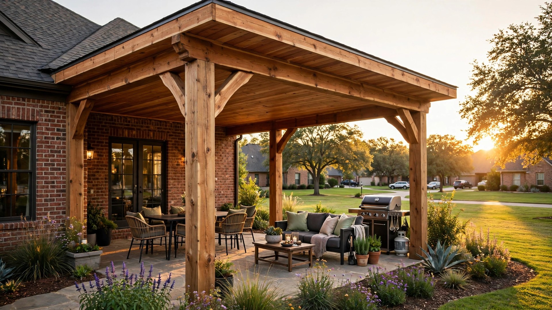 Patio covers Corinth TX: custom cedar cover over a backyard patio at golden hour