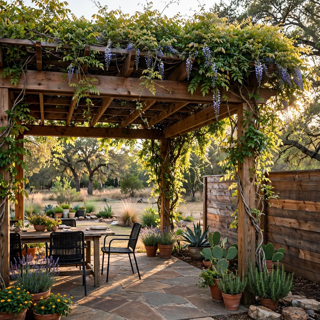 Cedar pergola over a garden patio in North Texas