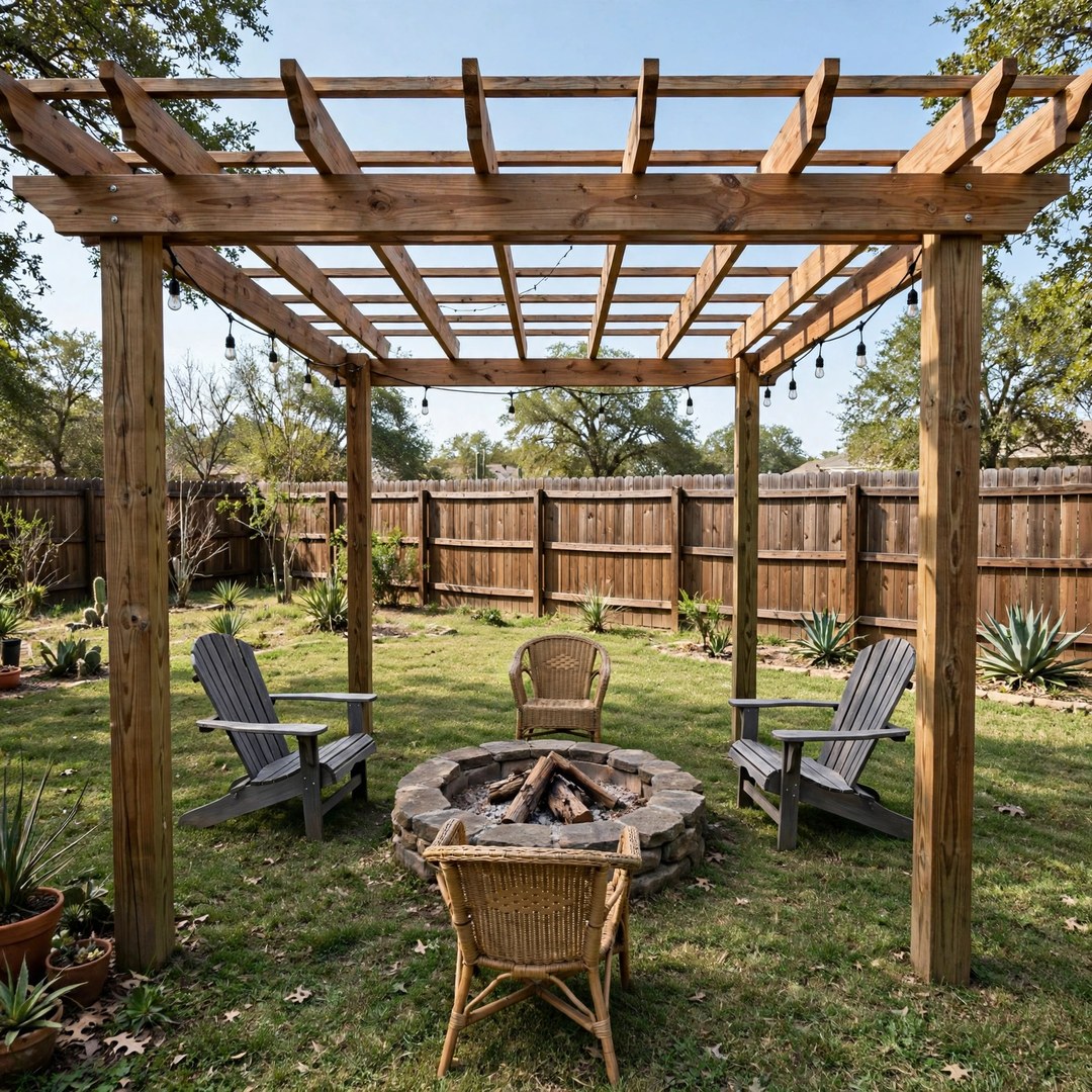 Cedar pergola standing over a fire pit circle in a Corinth backyard