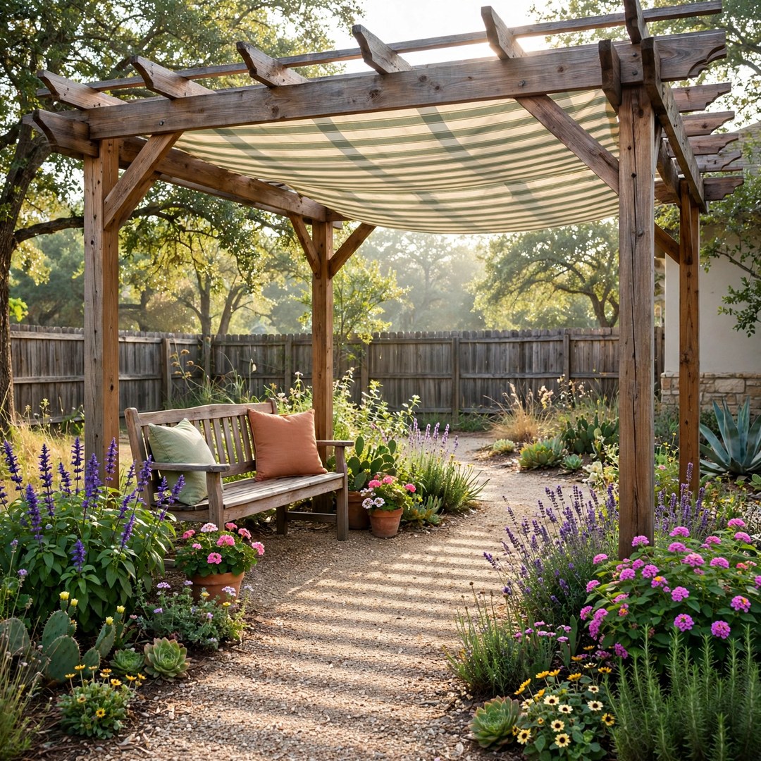 Cedar pergola over a garden seating nook in a Corinth backyard
