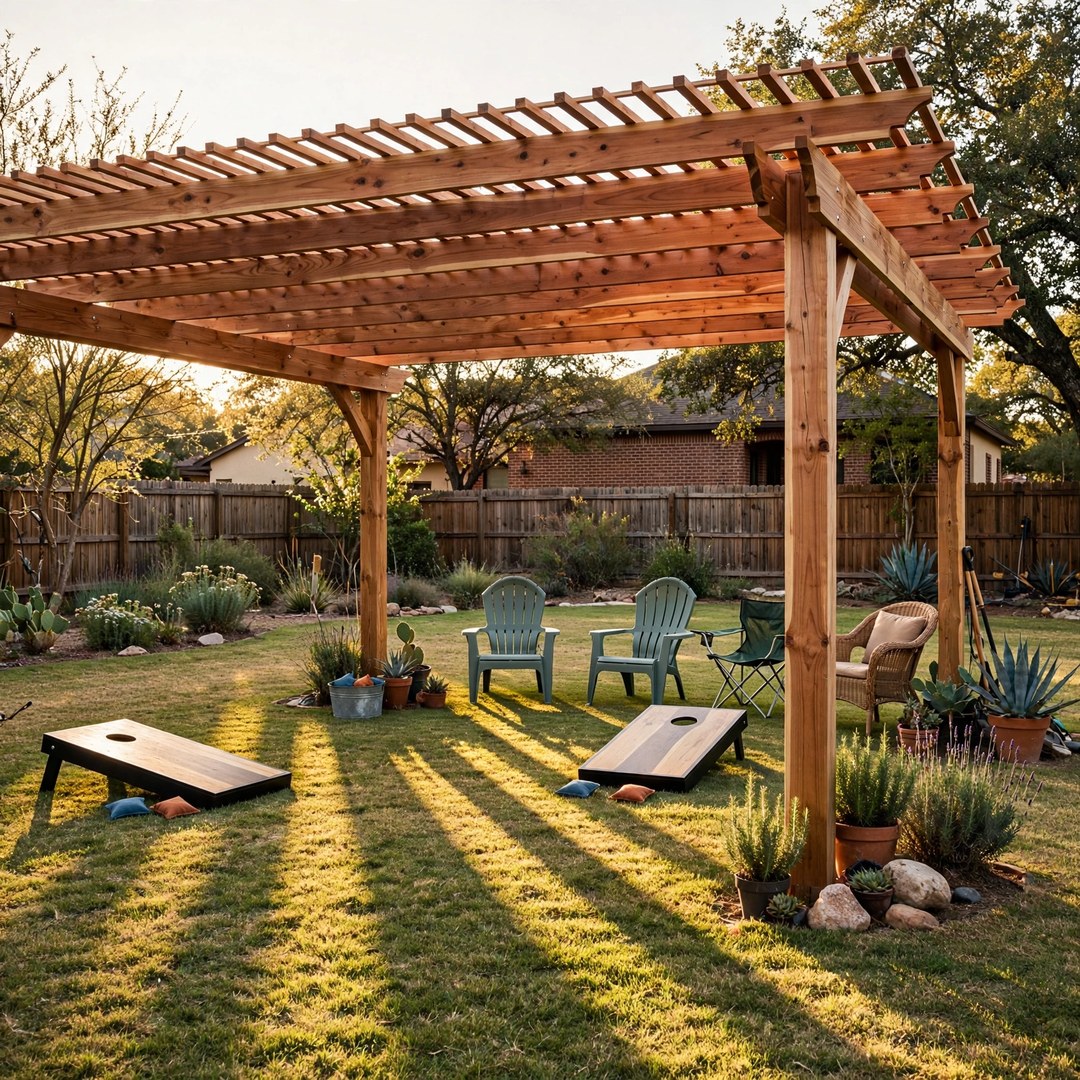 Cedar pergola shading a lawn area in a Corinth backyard