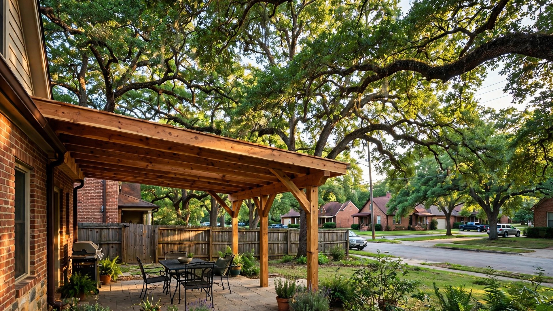 Service areas Corinth TX: cedar patio cover in a leafy North Texas neighborhood